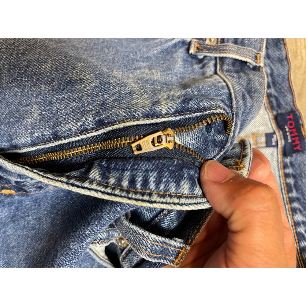 Vintage 90s Tommy Hilfiger Big Flag Patch Jeans Mens 36x34 Straight Leg Blue Den - Picture 10 of 11